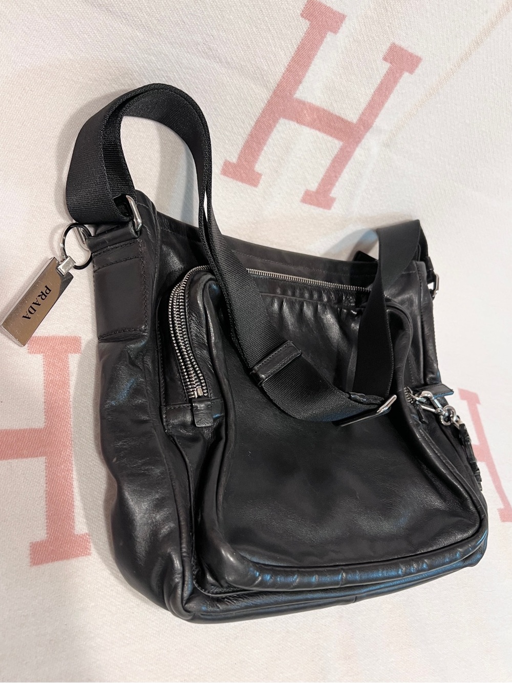 Prada⭐️Black Leather Messenger Bag with Silver Hardware!
